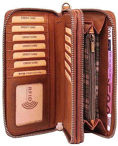 Benthill Geldbörse Groß Leder | Grosses Portemmonnaie mit RFID Schutz | Hochwertiges Rindsleder Portmonee Gross mit vielen Kartenfächern inkl. Geschenkbox, Farbe:Braun
