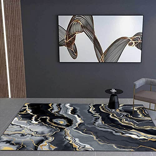 makeups1 Klassischer Orientteppich Graues Gold bewegt schwarzes abstraktes Marmormuster wellenartig Kurzflor Waschbarer Anti-Rutsch Ornamente Muster Teppich 180 X 200 cm