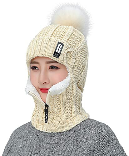 Surakey Winter Mütze Schal Set Damen Schlupfmütze Warm Wintermütze Schalmütze Mütze Damen Winter Strickmütze mit Bommel Fleecefutter Warme Beanie Mütze für Outdoor Wintersport