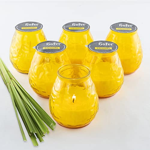 HOFER 6 x Bistro-Licht Citronella gelb | Windlicht Outdoor | Hochwertige Kerze im Glas mit Citronella-Duft | Outdoor Kerzen für Gartenparty | Deko für draußen