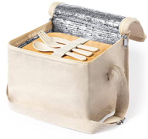 Bolsa isotérmica con fiambrera integrada con cubiertos de algodón natural y revestimiento isotérmico