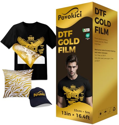 POVOKICI 13in x 16.4ft DTF Gold Foil Film Roll DTF Transfer Film, Cold Peel, POV-35422