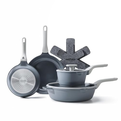 PRICUSIS Ceramic Nonstick Pots and Pans Set, 9 Pieces Non Toxic Induction Cookware Set, PTFE PFOA & PFAS Free, Dishwasher Safe, Stay Cool Handle, Gray