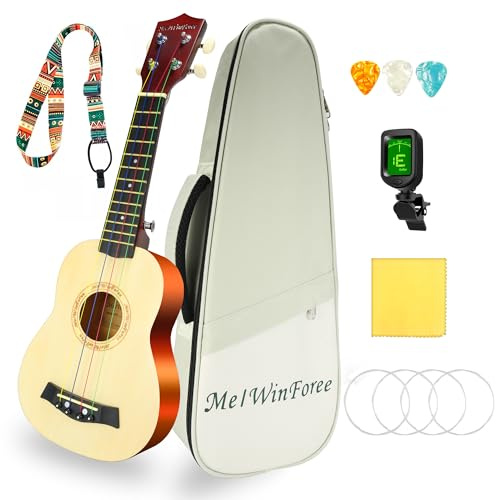 MelWinForee Sopran-Ukulele 21 – Anfänger-Set, komplett mit Gigbag, Gurt, Stimmgerät, Saiten, Plektren, Tuch – ideal für Konzerte, Linkshänder freundlich – perfekte Anfänger-Ukulele