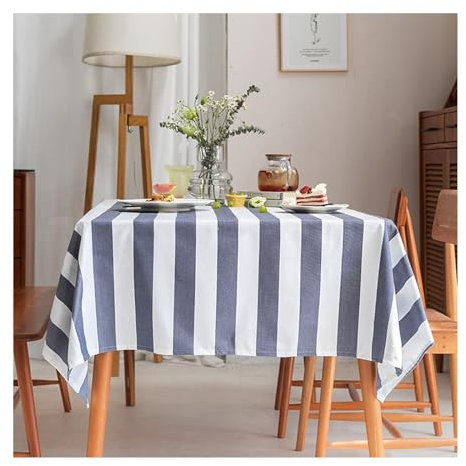 Lieson Tischtuch Rechteckig 135x300 cm, Baumwolle Leinen Tischdecke Abwaschbar Gestreift Muster Tischwäsche für Couchtisch, Gartentisch, Dunkelblau