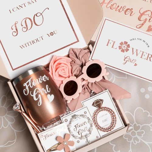 BESZONE Coffret cadeau de 9 pièces pour demoiselle d'honneur, panier « Will You Be My Flower Girl » de la part de la mariée, gobelet, lunettes de soleil, bracelet, pince à cheveux, attaches à cheveux,