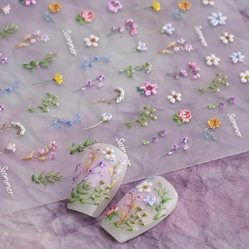 Hebterrka Blumen Nagelsticker für Nail Art, Sommerliche Blumenblatt Pflanzen 5D Geprägte Nail Decals, Selbstklebende Nagelkunst Zubehör, Maniküre Slider Blumensticker für Nageldekoration