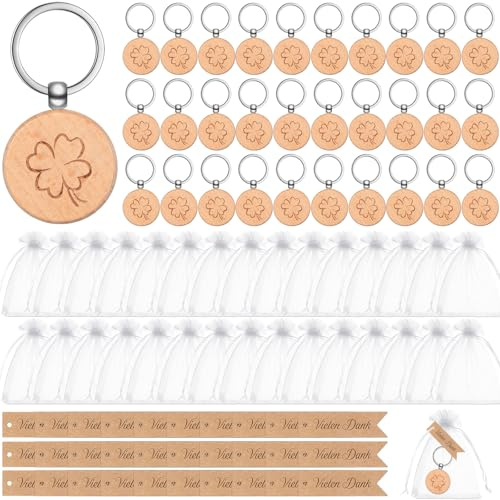 Otuuz 30 Sets Weihnachten Dankeschön Geschenkset für Kollegen Vierblättrige Kleeblatt Holz Schlüsselanhänger mit Geschenkanhänger Organzasäckchen Viel Glück Geschenk Danke Geschenk Glücksbringer