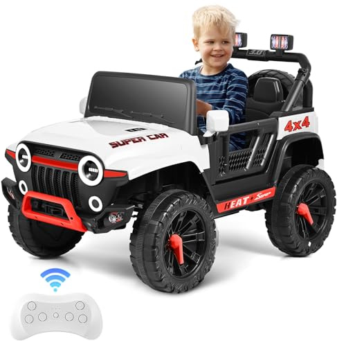12V Coche electrico para niños,Control Remoto para Padres,Dos Motores de 35 W,Velocidad máxima de 5,2 km/h,Reproductor de música,suspensión en Las 4 Ruedas,Luces LED,cinturón de Seguridad （Blanco）