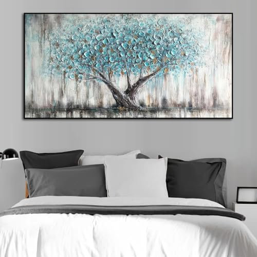 Quadro con cornice dell'albero della vita, opera d'arte per parete, stampe artistiche da parete con albero, dipinto su tela astratto blu e oro per 100x200 cm/(39x79 pollici) con cornice nera
