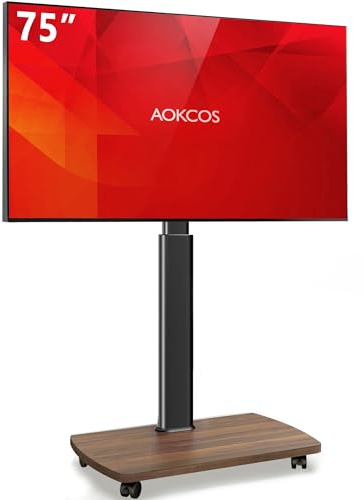 AOKCOS Rolling TV Stand for 43 50 55 60 65 70 75 Inch TVs, Portable Mobile TV Stand on Wheels, 10-Level Height Adjustable TV Cart with Swivel & Tilt Mount for Bedroom/Living Room/Office/Corner