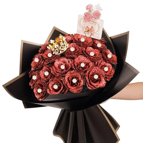25 Pcs Red Glitter Roses Bouquet,DIY Artificial Bouquet of Shiny Red Faux Rose Flowers Bouquet,for Wedding Bouquet Centerpiece Floral Arrangement Bride Shower Party Home Decor,Valentine's Day