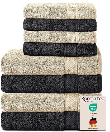 Komfortec Set di 8 Asciugamani Bagno e Viso/Ospite, Spugna 100% Cotone | 4 Asciugamani Bagno 70x140 cm e 4 Viso/Ospite 50x100 cm, Morbidi e Assorbenti, OEKO-TEX, Nero / Beige