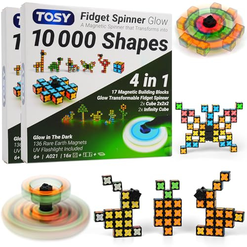 TOSY Magnet Fidget Spinner Glow – 16 Bausteine, 3-in-1: verwandelbarer Fidget-Spinner, Infinity-Würfel, 2x2 Puzzlewürfel, Leuchtend, STEM/STEAM-Magnetspielzeug, 2er-Pack