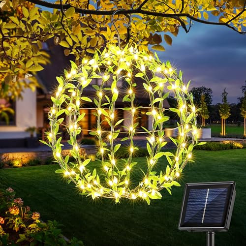 Joomer Luz de Bola Solares 30cm, 120LED Luces Exterior Solares Plegable con Hoja Verde, 8 Modos Metal Luces de Bola Colgantes Impermeable Para Jardín Navidad Terraza Boda Fiesta, Blanco Cálido