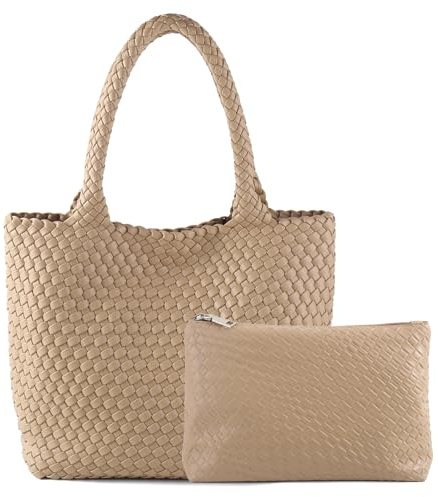 SLHFPX Handgewebte Tasche für Damen, oberer Griff, Schultertasche, veganes Leder, groß, für Reisen, Strand, Hobo-Handtasche