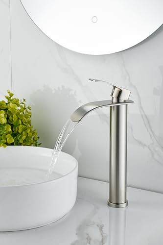 Waschtischarmatur Hoch : Wasserhahn Bad Wasserfall, Einhebel-Mischbatterie für Kaltes und Warmes, Gebürstetes Nickel