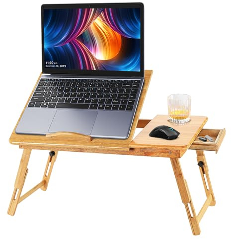 Supfine Table de Lit Pliable en Bambou pour PC Portable Inclinable, Table pour Ordinateur avec Un Petit Tiroir, Table d’Ordinateur Portable pour Lit Hauteur Réglable (Couleur Bois, 66 * 30 * 35cm)