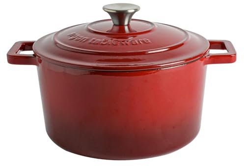 Argon Tableware 4.5L Round Cast Iron Casserole Dish with Self-Basting Lid - Red Ombre - Induction Hob Cooking 4.75QT Dutch Oven Bread Baking Serving Roasting Stew Stock Pot Cookware Pan