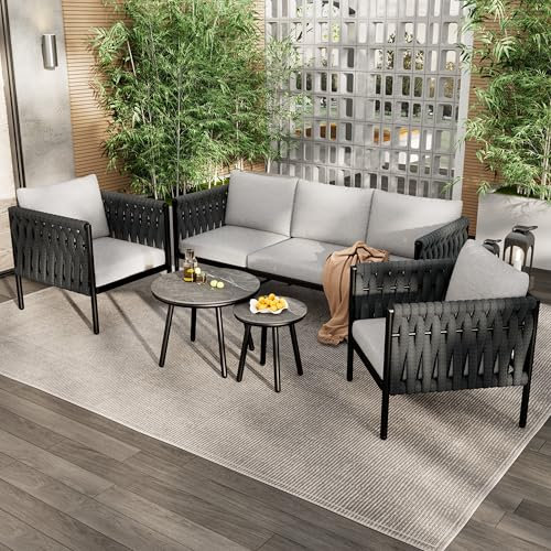 FARRINGTON Outdoor Lounge-Set, 6-teilig, 3-Sitzer Sofa, 2 Sessel, 2 Beistelltische, Seilgeflecht-Design, Graue Polster
