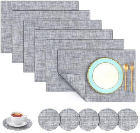 Oamwrae Lot de 6 Sets de Table et Dessous de Verre, Sets de Table Lavable, Rectangulaires en PVC Résistant à La Chaleur, 45 x 30 cm - Noir et Gris