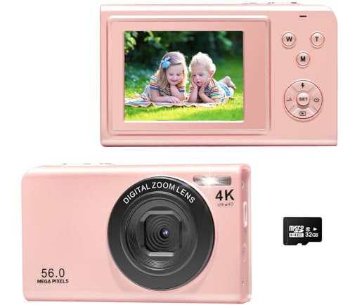 Digitalkamera, AutoFocus 4K Fotoapparat Fotokamera mit 32GB Speicherkarte,16X Digitalzoom，56MP with 2,7 großem Bildschirm, Kompaktkamera Fotokamera für Kinder Einsteiger
