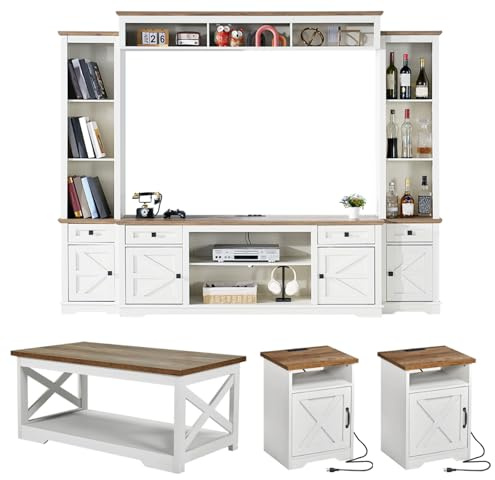 AMERLIFE 4 Pieces Living Room Table Sets, 98 Farmhouse Wall Unit TV Stand with Bookshelves & Wine Cabinet, Coffee Table & 2 End Tables with Charging Station and USB Ports, Living Room, Barnwood+White