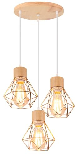 TOKIUS 3-flammig Pendelleuchte Vintage 16CM Industrial Lampe mit Geometrischem Design E27 Hängelampe aus Holz Eisen Käfig Lampenschirm Gold Hängeleuchte für Wohnzimmer Esstisch Küche (Rondell)