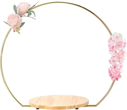 NIXBYO Metal Cake Stand with Wooden Stand, Gold Round Wedding Cake Stand, Wedding Cake Stand, Table Arch, Metal Frame, Centerpiece for Wedding, Party, Reception, Decorations