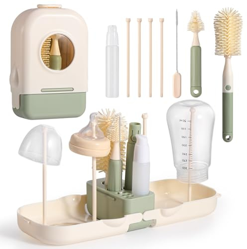 Diboniur 7 in 1 Set di Scovolino Biberon con Scovolino per Bottiglie, Spazzola per Capezzoli, Spazzola per Cannucce, Scola Biberon, Flacone Dispenser per Detersivo e Scatola di Immagazzinaggio
