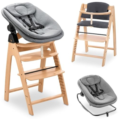 hauck Arketa Hochstuhl Newborn Set mit Highchair Bouncer - Buche | Mitwachsender Holz Kinderhochstuhl ab Geburt bis 130 kg | inkl. Baby Neugeborenenaufsatz & Sitzkissen