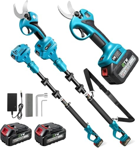 Electric Pruning Shears with Pole 1.4-2.0 Cutting Diameter & 2-IN-1 Electric Pole Pruner,2PCS 21V 3.0Ah Batteries,Brushiless Motor,4 Modes Adjustable Branches Cutter for Flower, Tree Trimming(Blue)