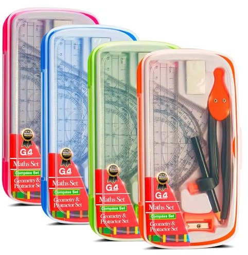 G4GADGET 8-Piece Maths Geometry Set – Compass & Protractor Set with Clear Pencil Case | School Stationery Set for Students | Ruler Set, Protractor, Triangles, Eraser & Sharpener | Math Equipment