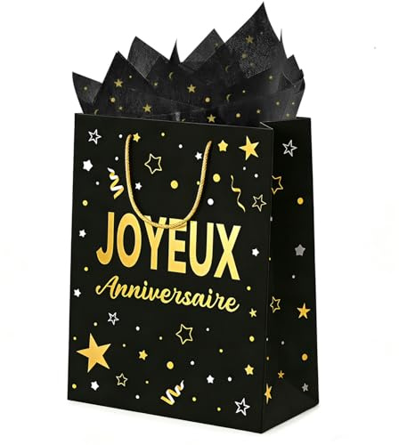 Sacs Cadeaux D'anniversaire, Sacs Cadeaux Noirs Et Dorés Avec Papier Soie | 25 * 20 * 10cm Luxueux Pochettes en Papier D'anniversaire Avec Anse, Sacs de Fête pour Cadeaux Noirs Dorés Hommes Femmes