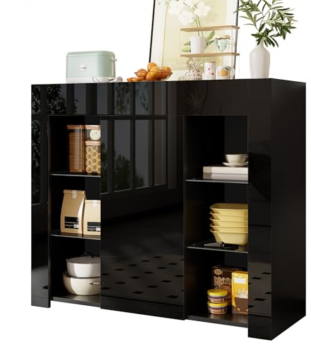 VSOGA Moderno buffet negro con frente brillante - Solución de almacenamiento compacta y elegante con estantes de cristal y puerta de armario para salón, comedor o cocina - 95 x 35 x 83 cm