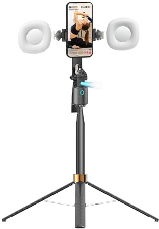 Lazmin112 Treppiede per Rilevamento Automatico del Volto, Supporto per Fotocamera AI con Rotazione a 360° con Luci a Doppio Anello e Controllo Gestuale, Treppiede per Smartphone