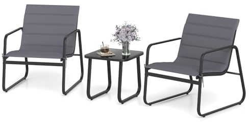 GIANTEX Juego de Muebles de Jardín 3/4 Piezas, Conjunto de Bistró con Sillas Acolchadas y Mesa de Café, para 2/4 Personas (Gris, 3 Piezas)