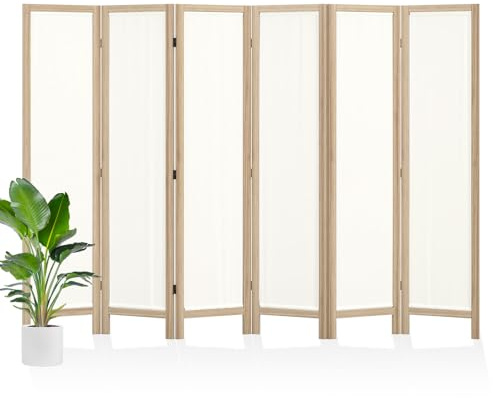Linen Room Divider Privacy Screen, Foldable Wood Frame Partition Room Dividers with Removable Linen Fabric Curtain, Room Divider Panel, Zero Assembly for Home, Office, or Studio Natural 6 Panel