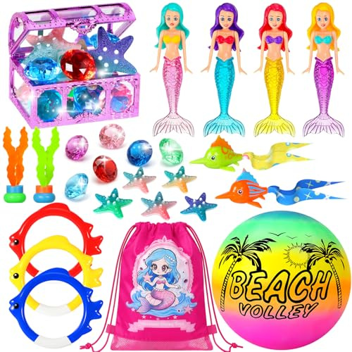 Pool Diving Toys for Kids Ages 3-12, DRAMATION 25 Pcs Mermaid Dive Pool Toys with Diving Gems and Treasure Chest, Diving Rings, Storage Bag, Summer Beach Swim Water Sinking Toys for Boys Girls 3-5 4-8