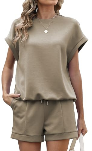 Famulily Crew Neck Womens Tracksuit Set Summer Co Ord Sets Solid Color 2 Piece Outfits Shirt and Shorts Set with Pockets S-XXL