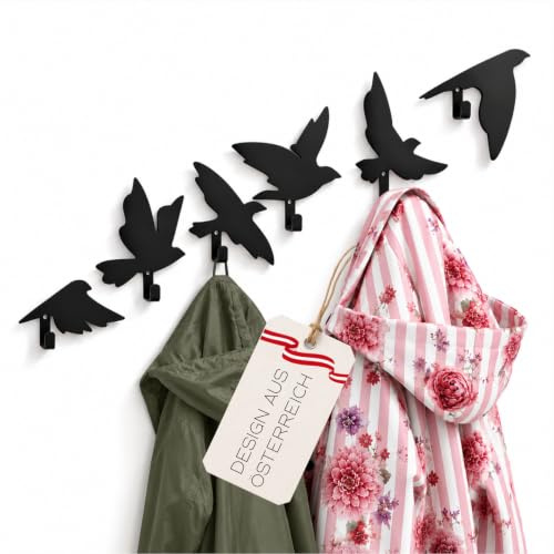 Kleiderhaken aus Edelstahl im Vogel Design – 6er Set schwarze Garderobenhaken, moderne Wandhaken für Flur, Bad & Küche, Tragkraft bis 5 kg