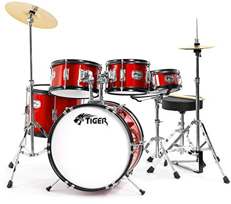 TIGER JDS14-RD 5-Piece Junior Drum Kit Set for Kids with Snare, Toms, Bass Drum, Bass Drum Pedal, Hi-Hat and Crash Cymbals, Throne and Sticks - Red