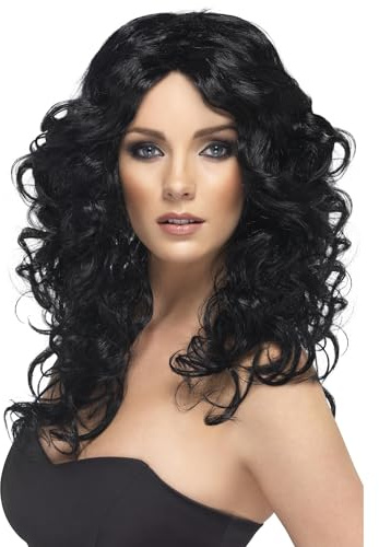 Smiffys Glamour Perücke, Schwarz, Lang, Lockig Halloween