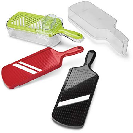 Kyocera Slice & Grate Keramik Hobel Set 6-teilig, 2 Hobel, 1 Reibe mit Auffangbox (600ml, Extra scharfe Keramik-Klingen, Gemüsehobel mit Fingerschutz, Kunststoffrahmen, Küchenreibe Hand