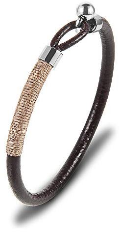 Casisto.J Bracelet en cuir pour hommes Bracelet noir Perles en acier inoxydable avec corde en nylon marron (XBTG79)