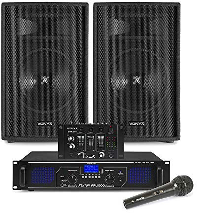 Vonyx SL12 12 DJ PA Speaker System with Bluetooth Amplifier, Mixer and Wired Mic – 1000W Passive Sound Solution for Disco Parties & Karaoke Events