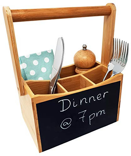 CherryTreeHouse Cutlery Caddy/Utensil Holder | 4 Compartments for Cutlery & Condiments Organiser | Carry Handle with Chalk Board | Perfect for Home/Restaurant/BBQ | Ideal Present