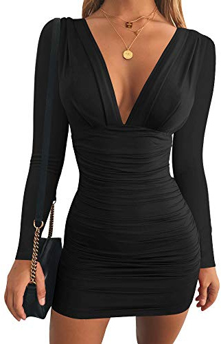 GOBLES Women's Sexy Long Sleeve V Neck Ruched Bodycon Mini Party Cocktail Dress Black