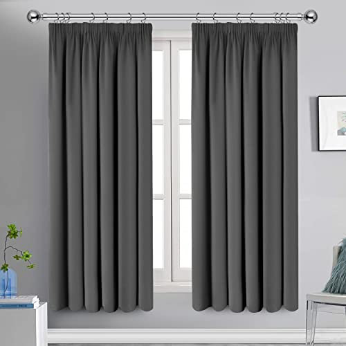 Oxford Homeware Blackout Curtains Bedroom Pencil Pleat Readymade Living Room Window Curtain Tape Top Thermal Insulated Kitchen Curtains+ 2 Tiebacks (Grey, 46 x 54 (117cm x 137cm))