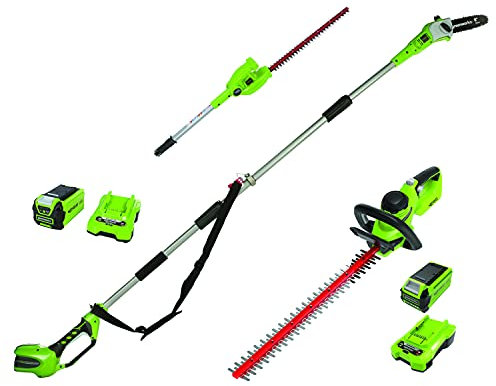 Greenworks Élageuse sur perche & Taille-haies télescopique 2en1 G40PSH et taille-haies à batterie G40HT (Li-Ion 40V 20cm/51cm/61cm longueur de la lame avec 2x2Ah batteries et 2 chargeurs)